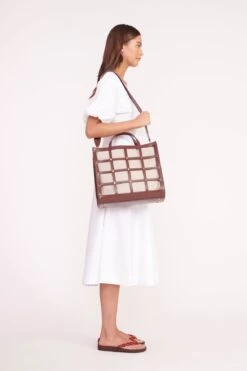 EMMA TOTE | MAHOGANY NATURAL 18 EMMA TOTE | MAHOGANY NATURAL -Staud FINLEY DRESS WHITE ANDRE SLIDE CLOVE CORAL 01567 web