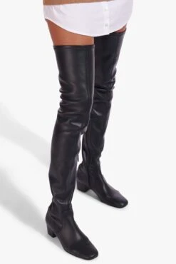 AIMEE BOOT | BLACK VEGAN LEATHER -Staud Fern Dress Tan White 01676 web