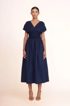 SOLANGE HEEL | TAN SNAKE EMBOSSED -Staud Jackson Dress Navy 02655 web