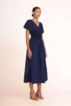 SOLANGE HEEL | TAN SNAKE EMBOSSED -Staud Jackson Dress Navy 02656 web