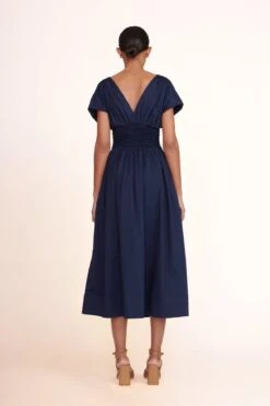 SOLANGE HEEL | TAN SNAKE EMBOSSED -Staud Jackson Dress Navy 02659 web