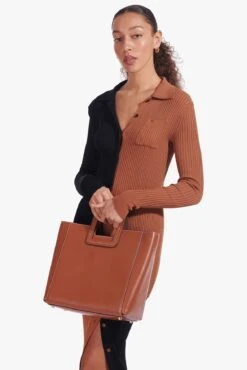 SHIRLEY LEATHER BAG | SADDLE -Staud Milton Top Tan Black Elms Skirt Tan Black 02605 web