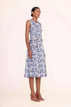 BAIT DRESS | BLUE TOILE WHISKEY -Staud bait dress blue toile 00569 web
