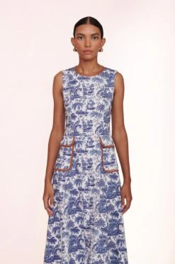 BAIT DRESS | BLUE TOILE WHISKEY -Staud bait dress blue toile 00575 web