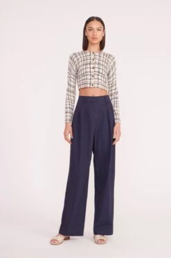 DEANNA SWEATER | CREME DRAWN PLAID -Staud deanna sweater creme dawn plaid luisa pant nav 05349 web